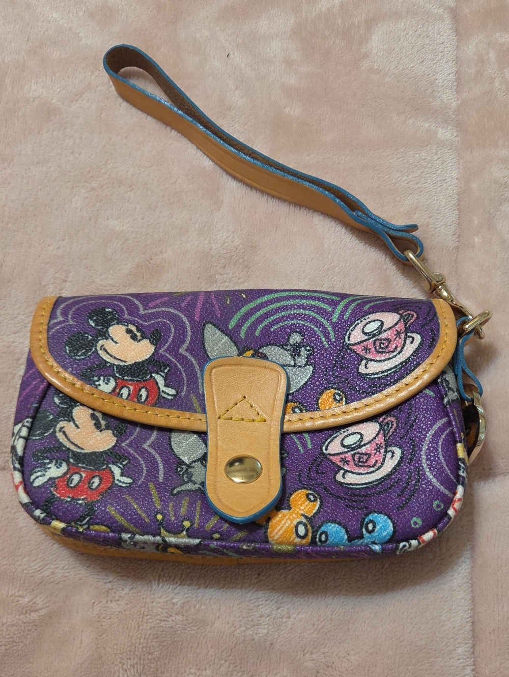 Dooney & Bourke X Disney Parks Purple SkeychPrint Wristlet with Tan Trim Y2k